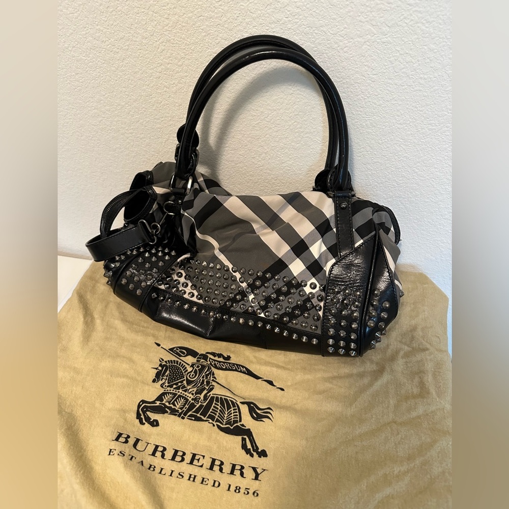 Burberry Black Nova Check Nylon and Leather Studded Satchel